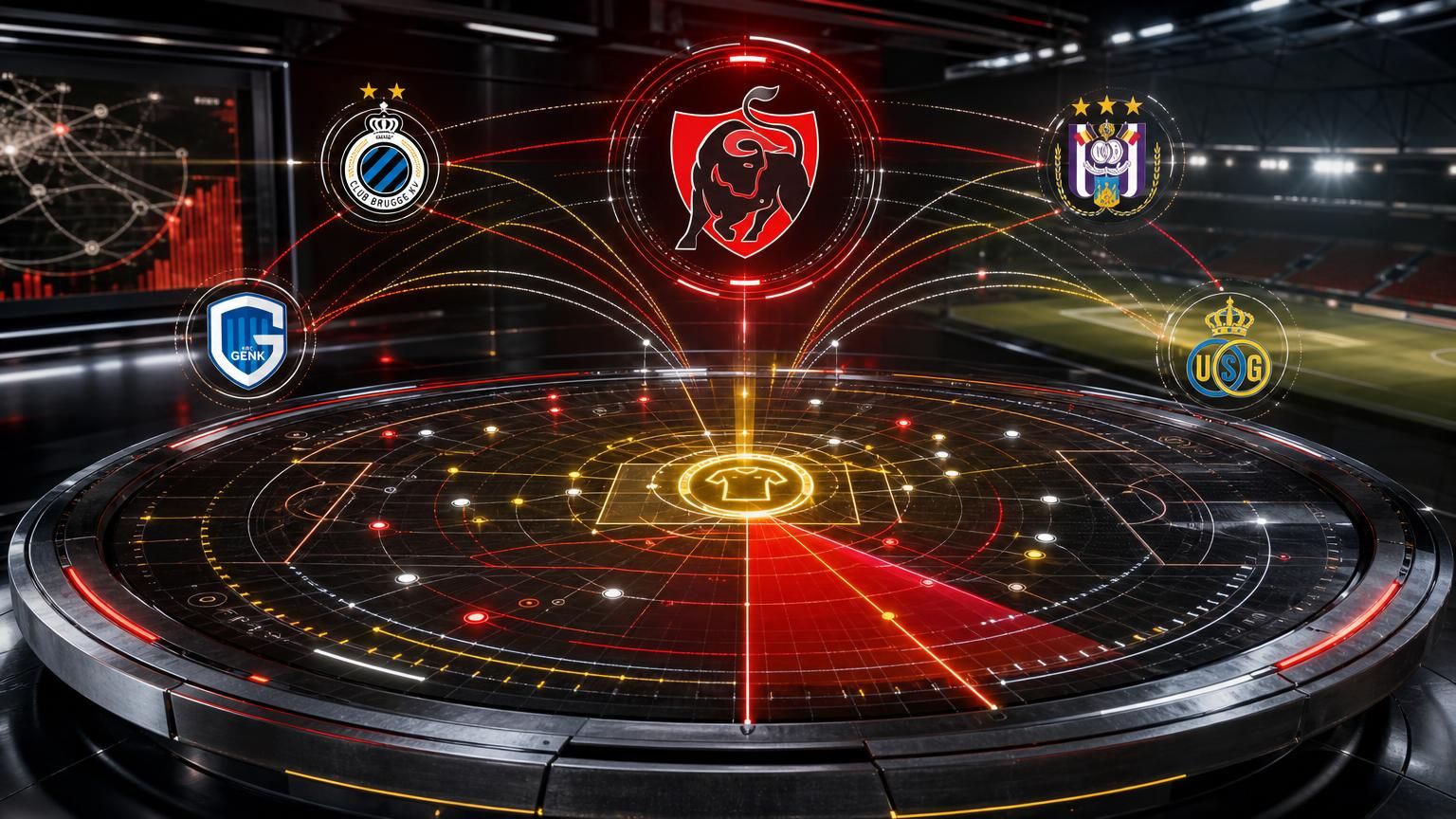 Transferradartafel met JPL-logo en vier clubankers rond herinvestering in aanvallend talent