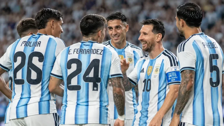 Argentijnse voetballers feliciteren elkaar op het veld tijdens een interland.