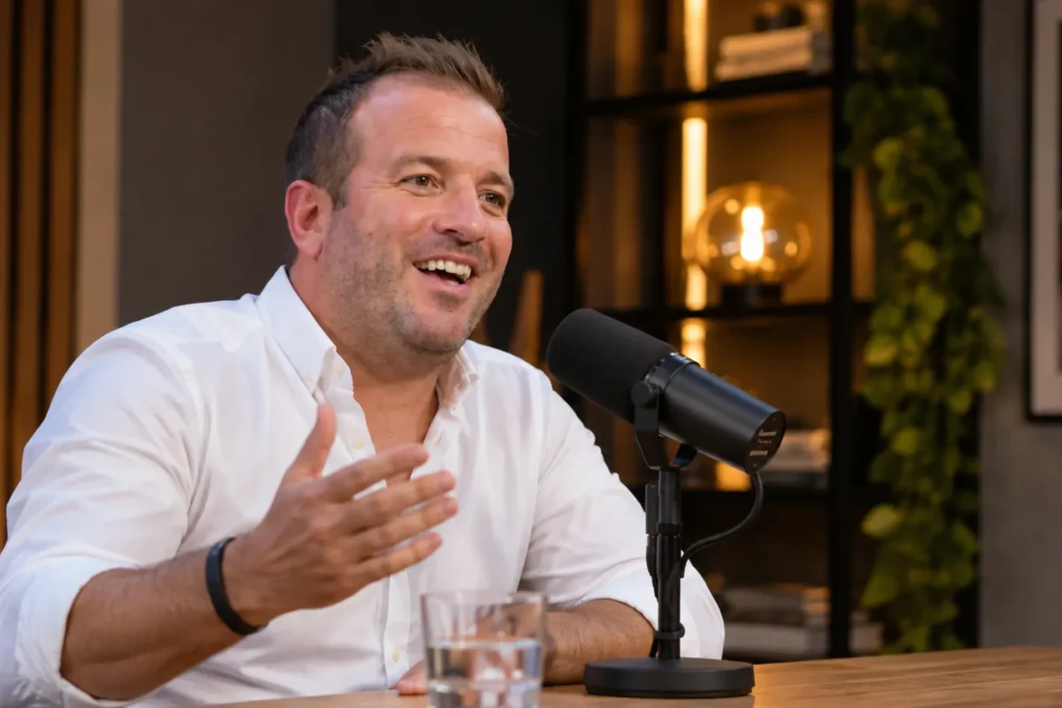 Rafael van der Vaart spreekt in een podcaststudio met een microfoon voor zich.
