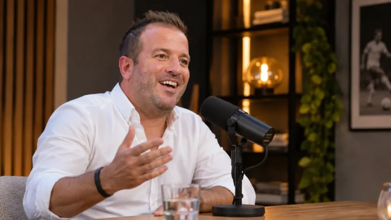 Rafael van der Vaart spreekt in een podcaststudio met een microfoon voor zich.