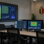 Lege professionele scoutingsruimte voor voetbalanalyse met een Belgisch driekleurenembleem aan de wand.