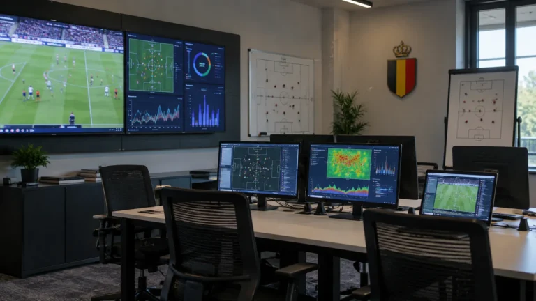 Lege professionele scoutingsruimte voor voetbalanalyse met een Belgisch driekleurenembleem aan de wand.