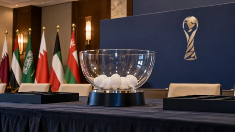 Een lege hotelconferentieruimte met een transparante lotingskom voor de Gulf Cup.