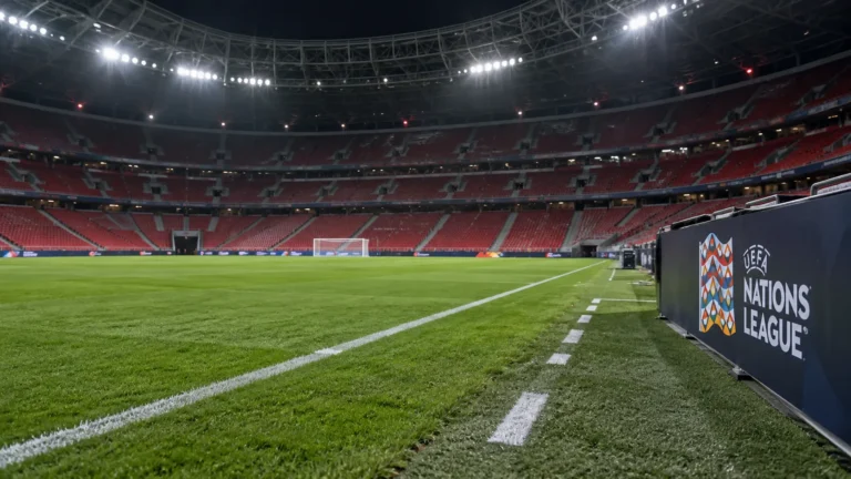 Lege zijlijn van een Nations League-stadion na afloop van een wedstrijd.