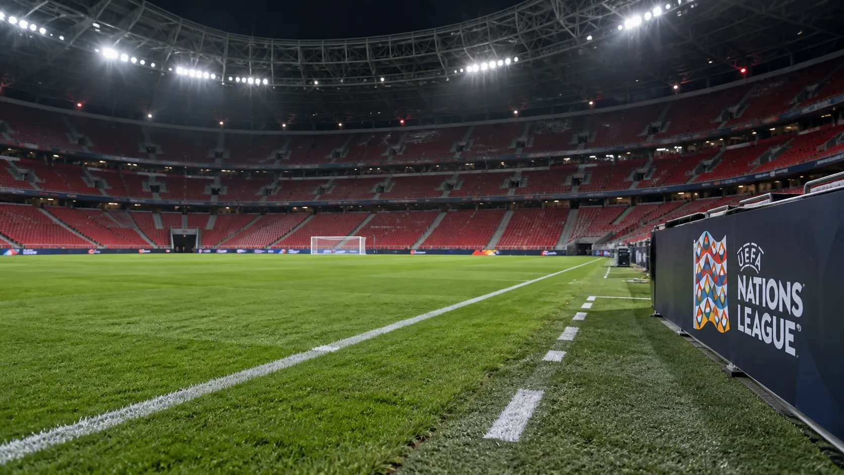 Lege zijlijn van een Nations League-stadion na afloop van een wedstrijd.