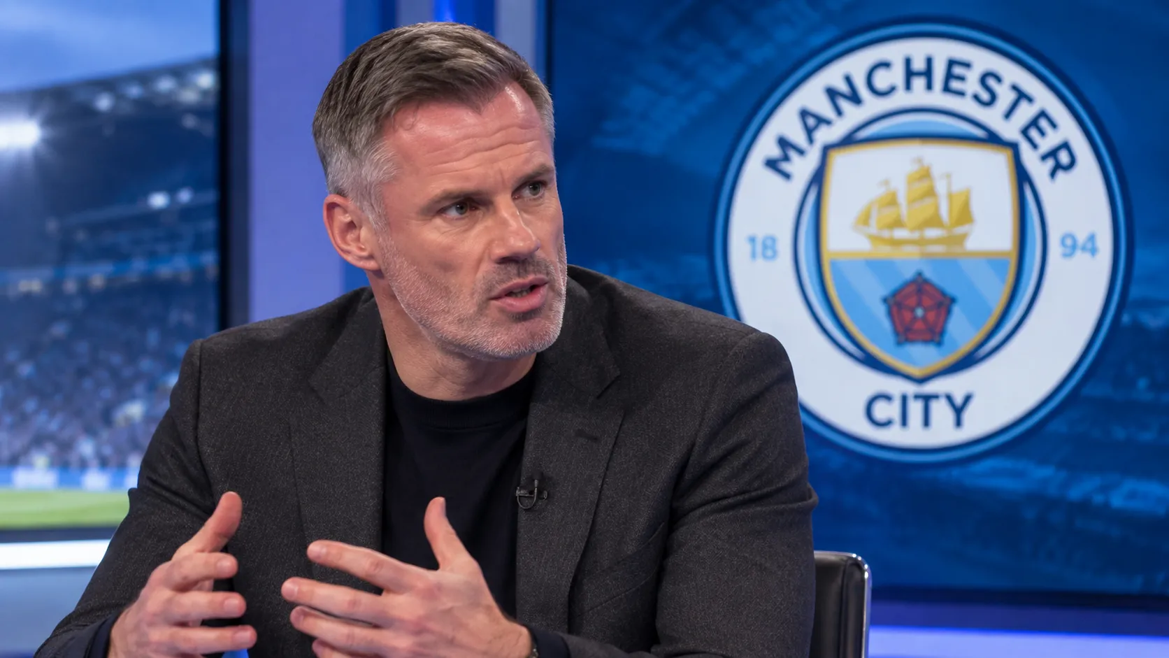 Jamie Carragher spreekt in een televisiestudio met een Manchester City-embleem op een scherm achter hem.
