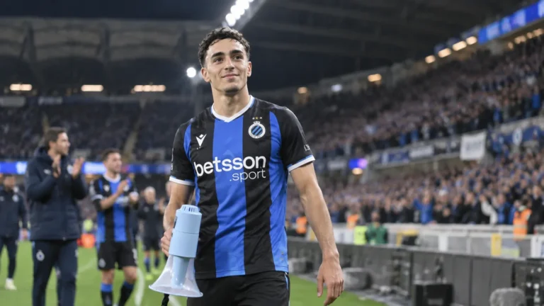 Jan Virgili van Club Brugge groet de supporters aan de rand van het veld.