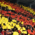 Een volle tribune met supporters die gele en rode kaarten omhooghouden.