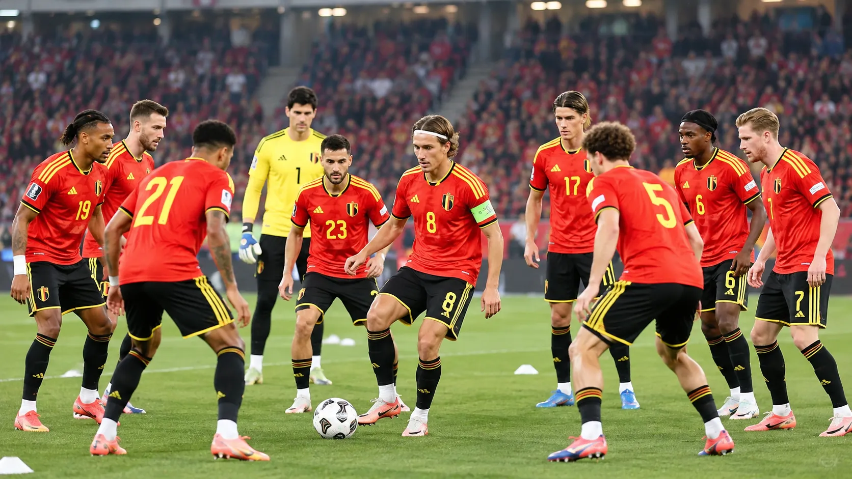 Een groep Belgische internationals in rode wedstrijdshirts warmt op in een stadion.