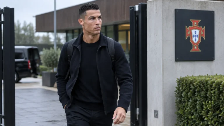 Cristiano Ronaldo verlaat in neutrale sportkleding het trainingskamp van Portugal.