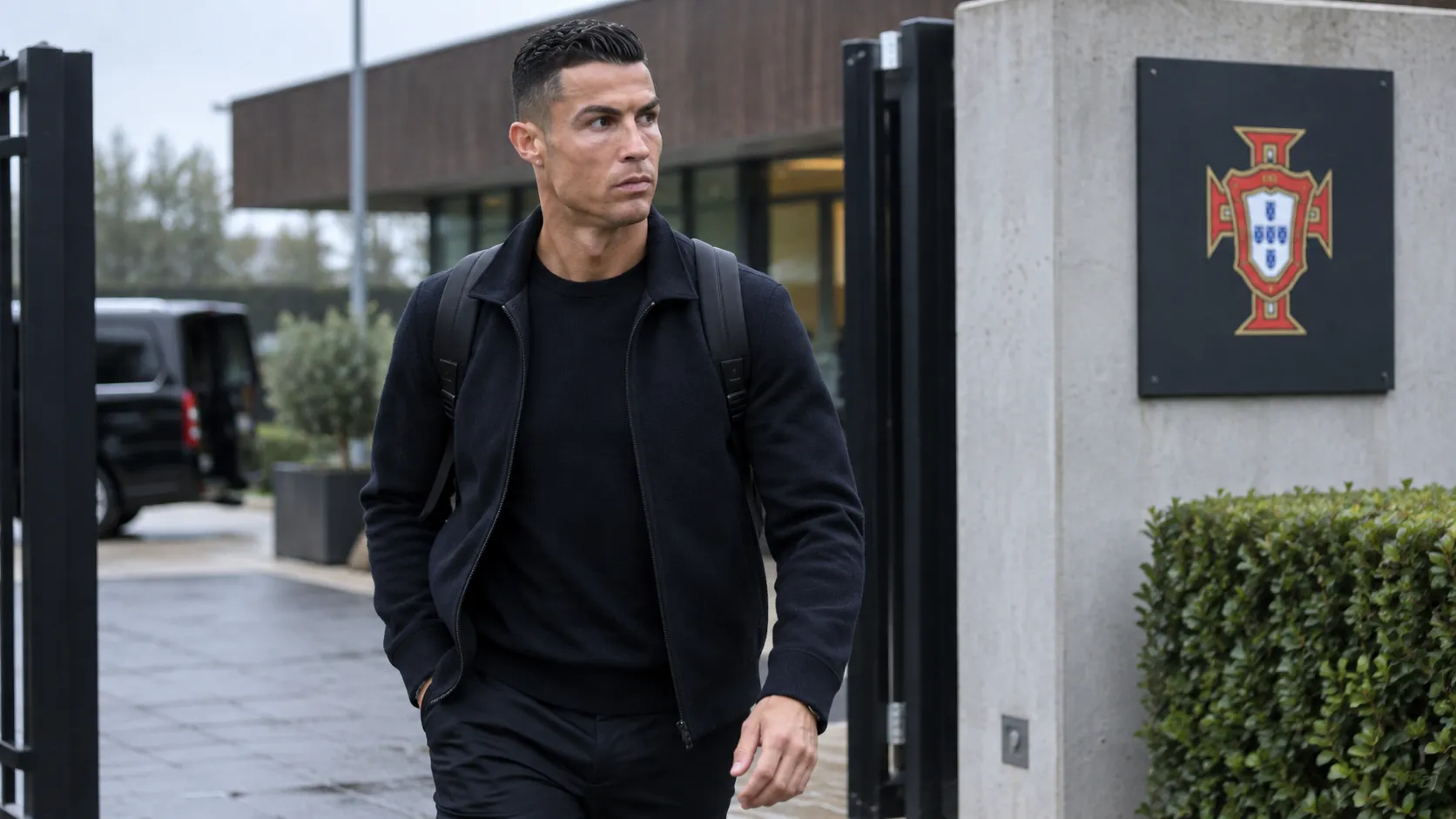 Cristiano Ronaldo verlaat in neutrale sportkleding het trainingskamp van Portugal.