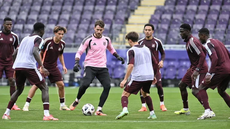 Een groep spelers van RSC Anderlecht tijdens een open training op het veld.