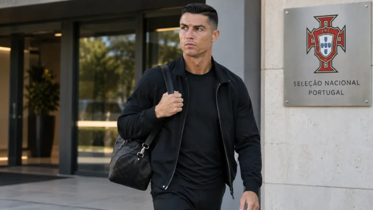 Cristiano Ronaldo verlaat de ingang van het Portugese trainingscomplex.