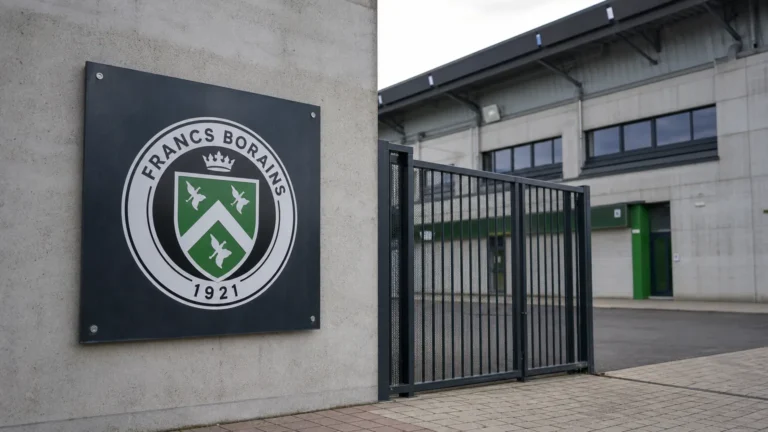 Lege ingang van Francs Borains met het clubembleem op het vaste toegangsbord.