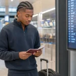 Noah Makanzo in neutrale sportkleding in een vertrekhal van de luchthaven.