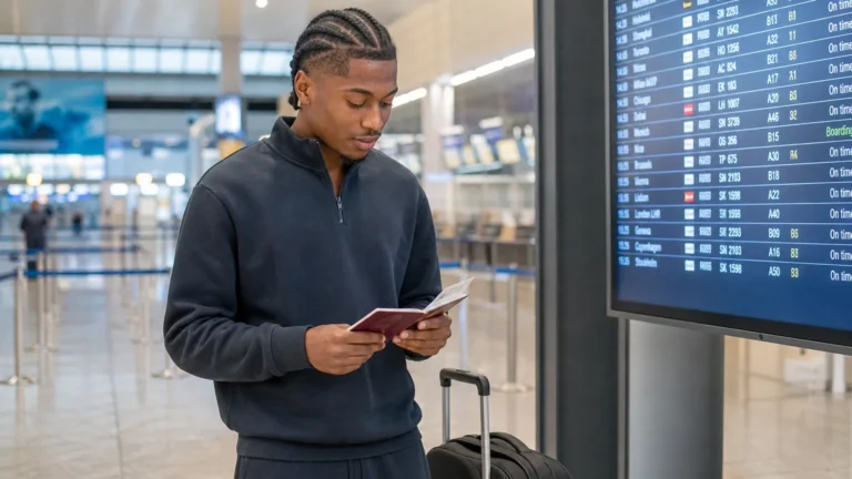 Noah Makanzo in neutrale sportkleding in een vertrekhal van de luchthaven.