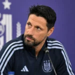 Vitor Bruno tijdens een persmoment na de wedstrijd van Anderlecht.