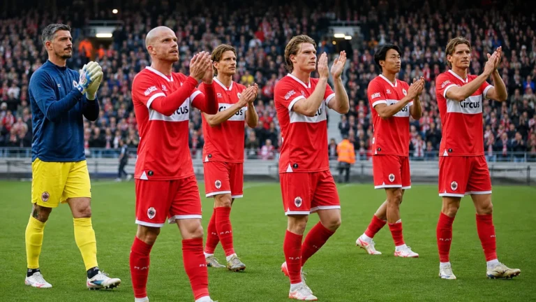 Antwerp-spelers applaudisseren na een wedstrijd op het veld.