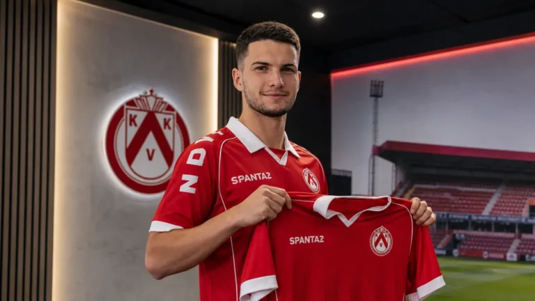 Rok Storman poseert met een KV Kortrijk-shirt tijdens zijn officiële voorstelling.