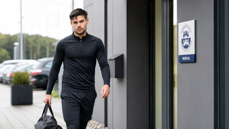 Nick Shinton wandelt in neutrale sportkleding naar de medische ingang van het trainingscomplex van Sønderjyske.