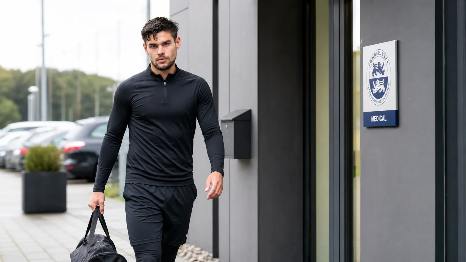 Nick Shinton wandelt in neutrale sportkleding naar de medische ingang van het trainingscomplex van Sønderjyske.