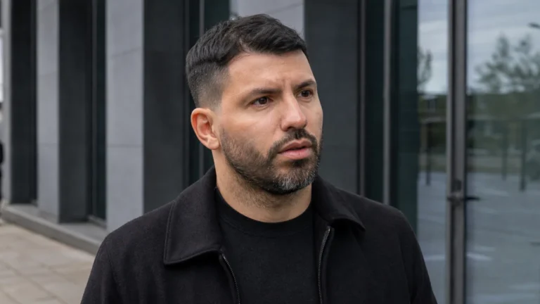 Sergio Agüero tijdens een neutraal persmoment voor een modern gebouw.