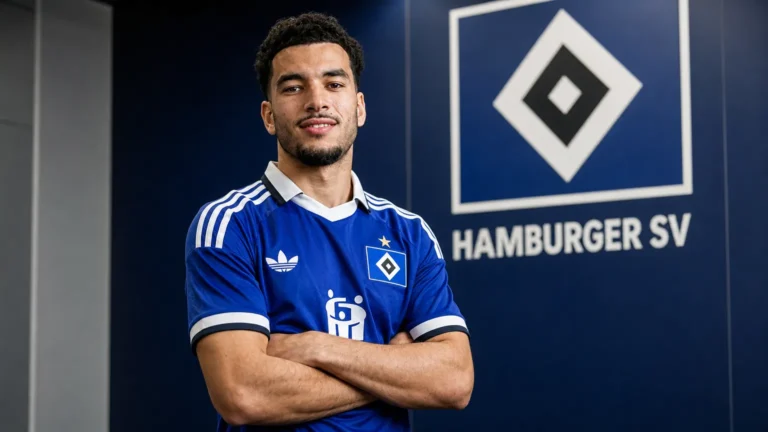 Zakaria El Ouahdi poseert tijdens een officiële HSV-fotosessie in het blauwe thuisshirt.