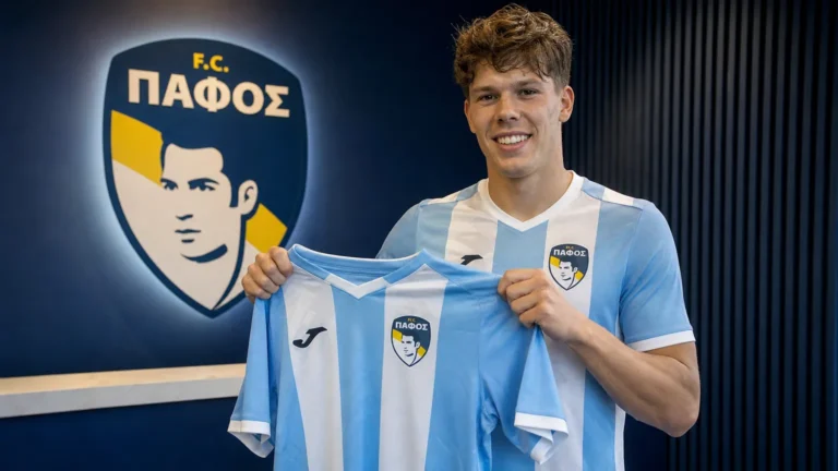Afonso Patrão toont het officiële shirt van Pafos FC tijdens zijn presentatie.