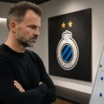 Ivan Leko bekijkt een tactiekbord in een Club Brugge-analyseruimte.