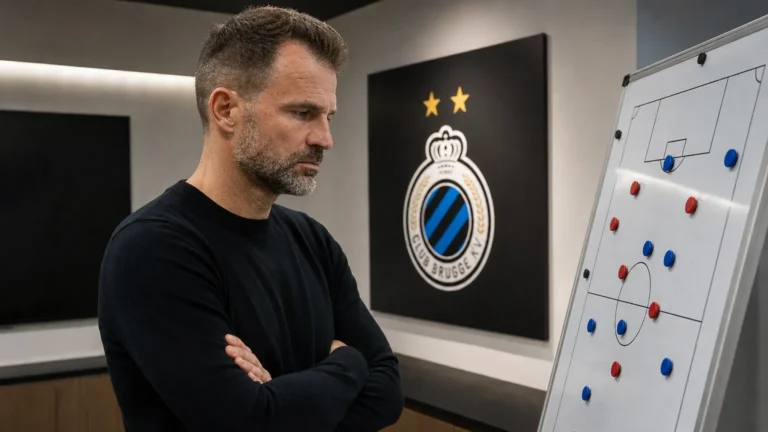 Ivan Leko bekijkt een tactiekbord in een Club Brugge-analyseruimte.