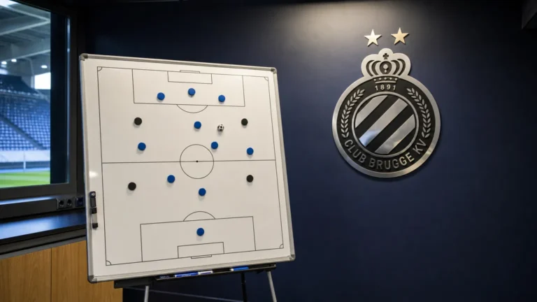 Tactisch bord in een Club Brugge-ruimte met magneten voor de wedstrijdselectie.