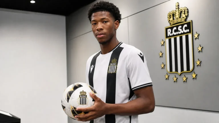 Jay-David Mbalanda poseert met een bal tijdens zijn officiële voorstelling bij Olympic Charleroi.