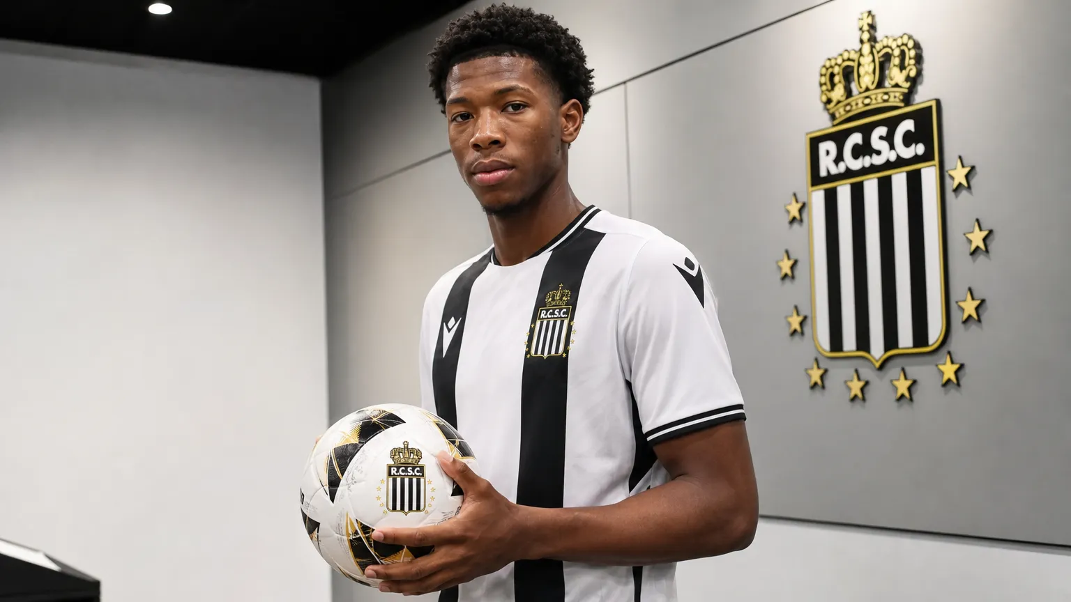 Jay-David Mbalanda poseert met een bal tijdens zijn officiële voorstelling bij Olympic Charleroi.