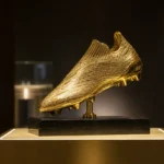 De Gouden Schoen op een verlicht podium in een lege prijszaal.