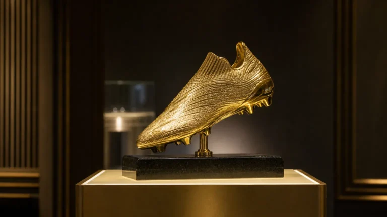 De Gouden Schoen op een verlicht podium in een lege prijszaal.