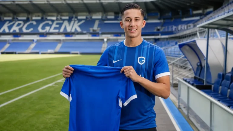 Ilyes Bennane presenteert zich op de rand van het veld in het tenue van KRC Genk.