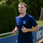 Jarne Steuckers tijdens een individuele loopoefening op een trainingsveld.