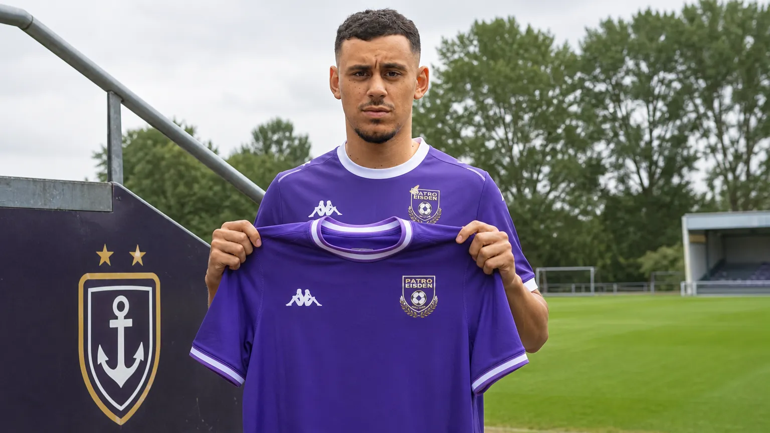 Zakaria Atteri poseert tijdens zijn officiële voorstelling bij Patro Eisden in het paars clubtenue.