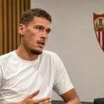 Lucas Stassin tijdens een interview in een Sevilla-mediazaal.