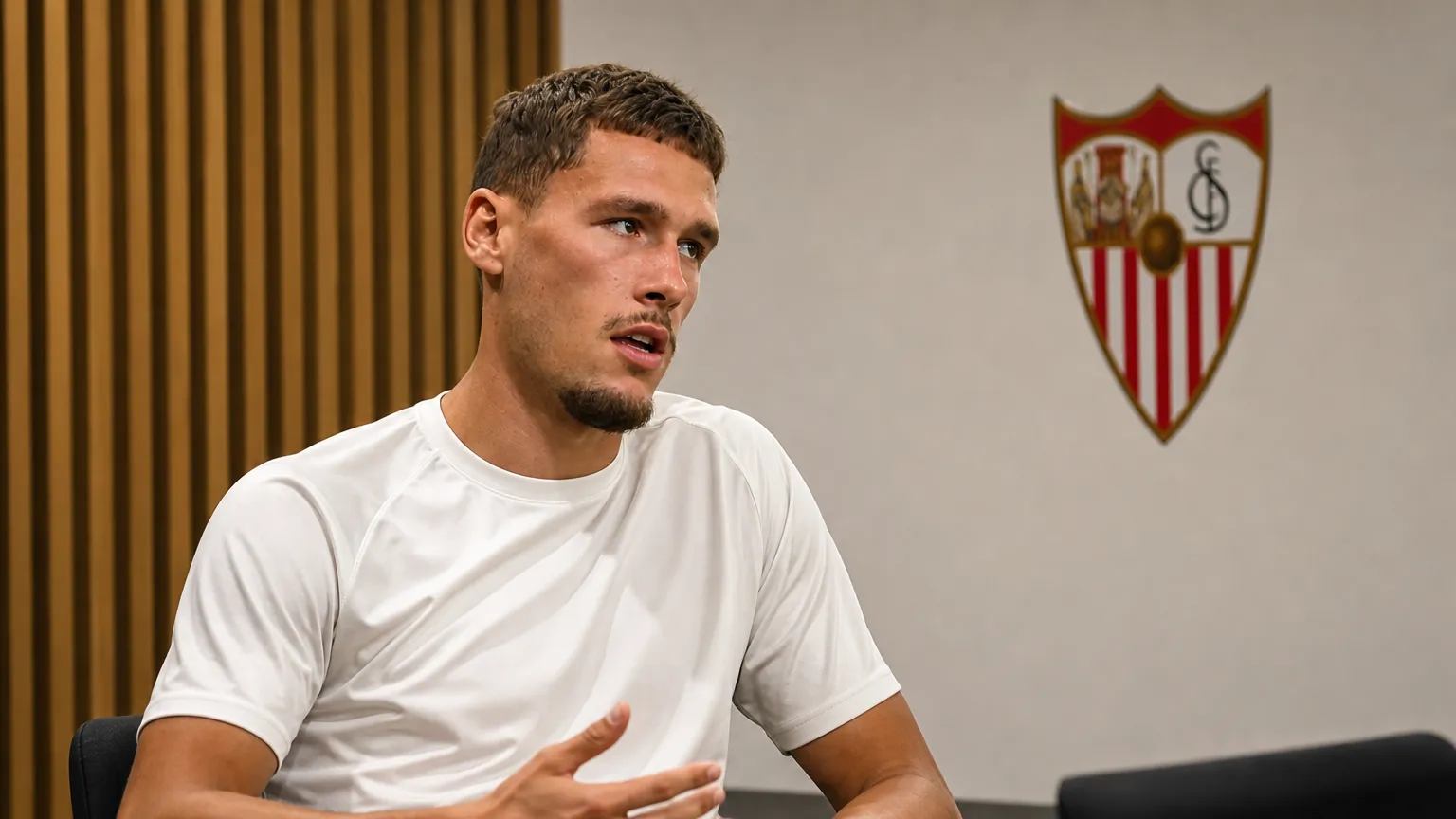 Lucas Stassin tijdens een interview in een Sevilla-mediazaal.