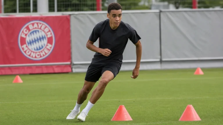 Jamal Musiala tijdens een training op het trainingsveld van Bayern München.