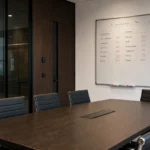 Lege operationele vergaderruimte van Feyenoord met een clubembleem op de glazen wand.