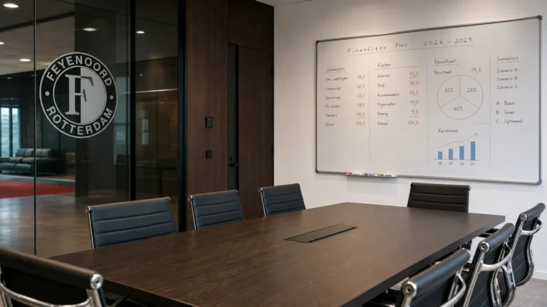 Lege operationele vergaderruimte van Feyenoord met een clubembleem op de glazen wand.