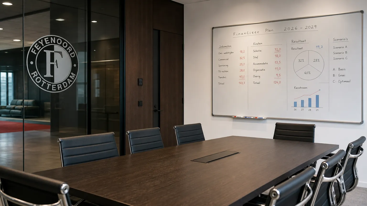 Lege operationele vergaderruimte van Feyenoord met een clubembleem op de glazen wand.