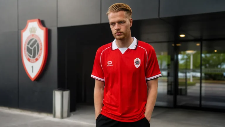 Arthur Vermeeren in een rood Antwerp-shirt aan een clubgebouw.