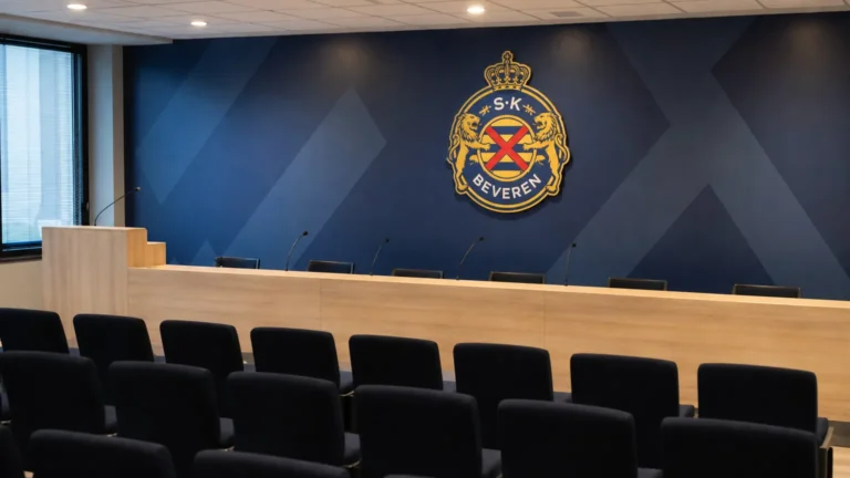 Lege communicatiehal in het clubgebouw van SK Beveren met een fysiek clubembleem aan de muur.