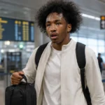 Malick Fofana loopt met een reistas door een luchthavenvertrekhal.