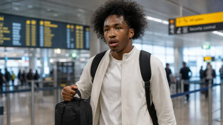 Malick Fofana loopt met een reistas door een luchthavenvertrekhal.