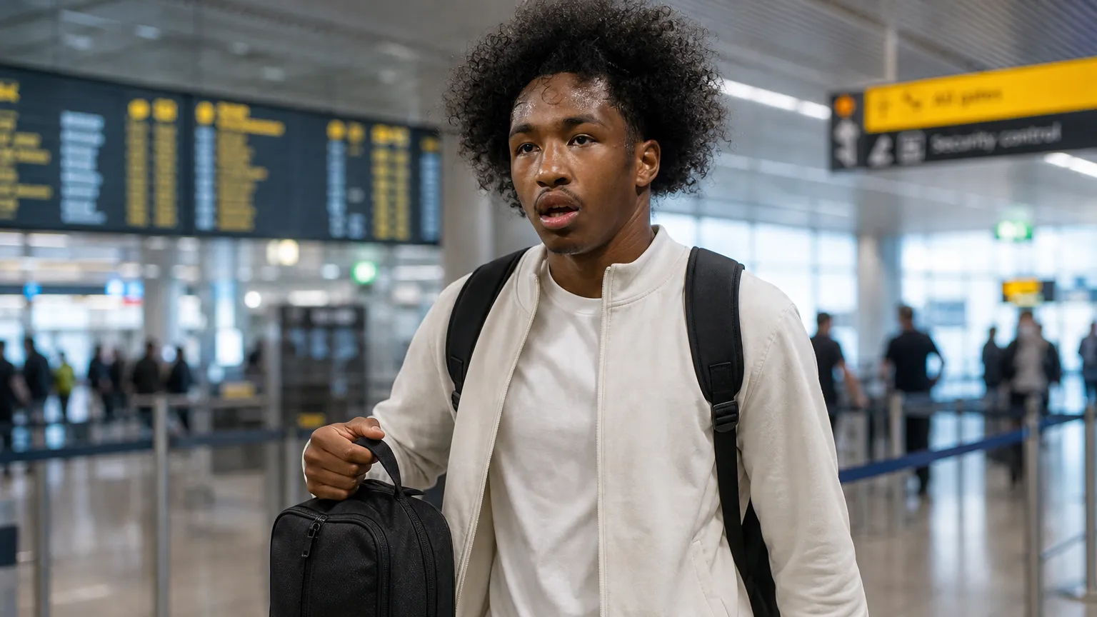Malick Fofana loopt met een reistas door een luchthavenvertrekhal.