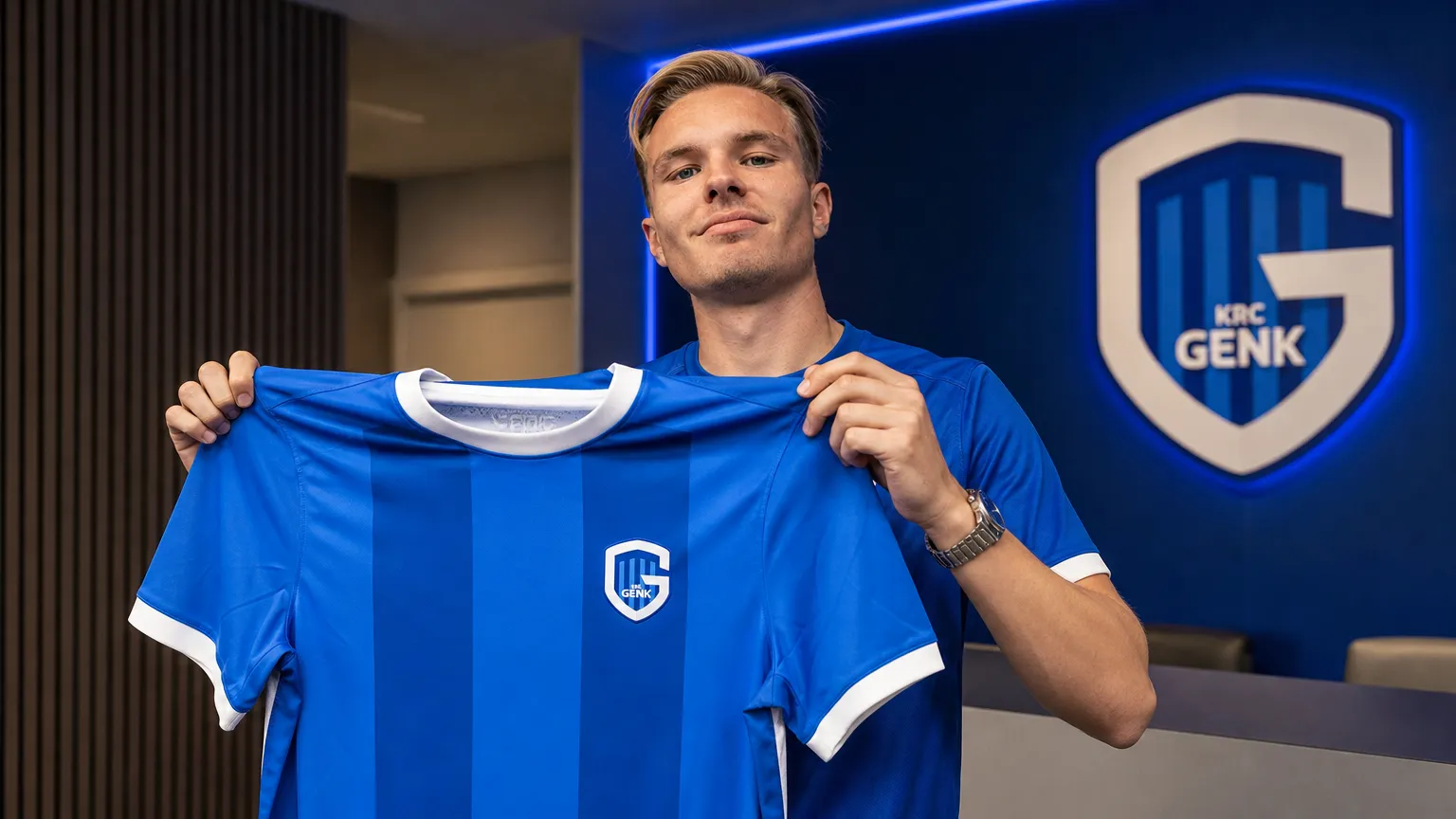 Christiaan Ravych toont een shirt van KRC Genk tijdens een officiƫle fotosessie.